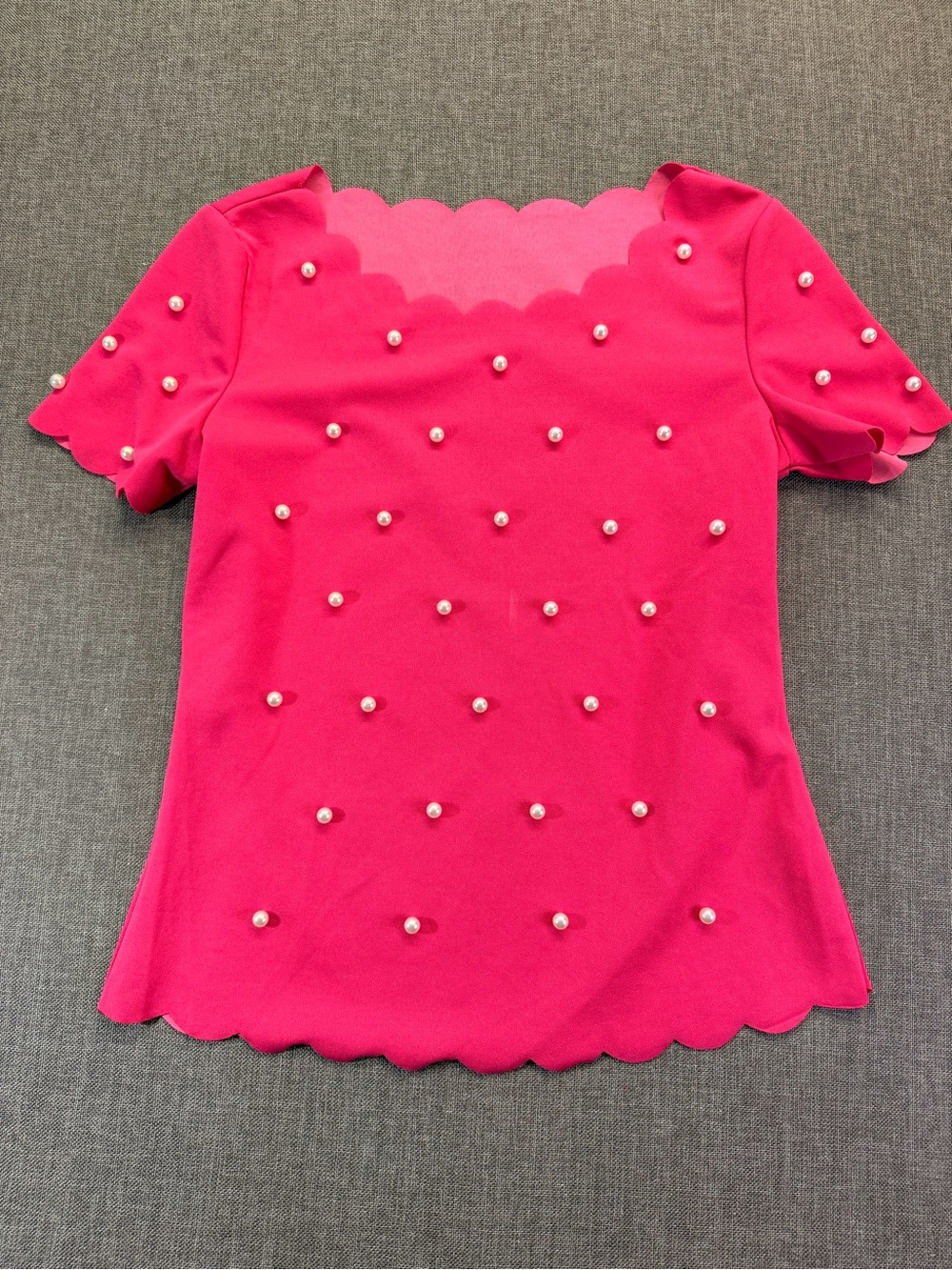 SHEIN Hot Pink Scallop Pearl-Accent Short Sleeve Top Medium